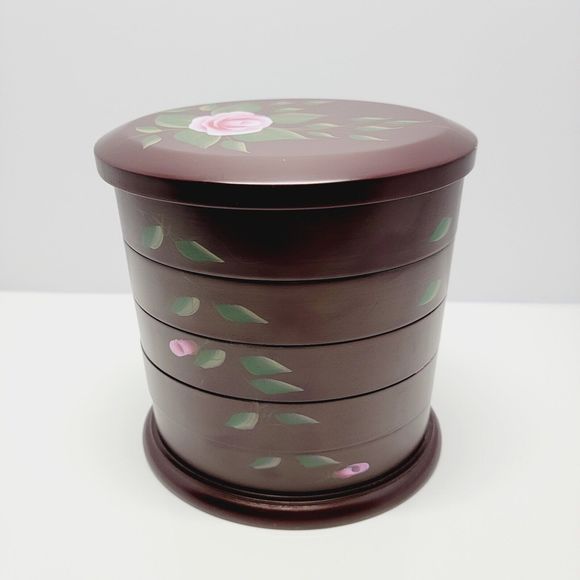 Jewelry Box Organizer 5 Tier Oval Wooden Swivel Tower Hand Painted Floral - Picture 7 of 16